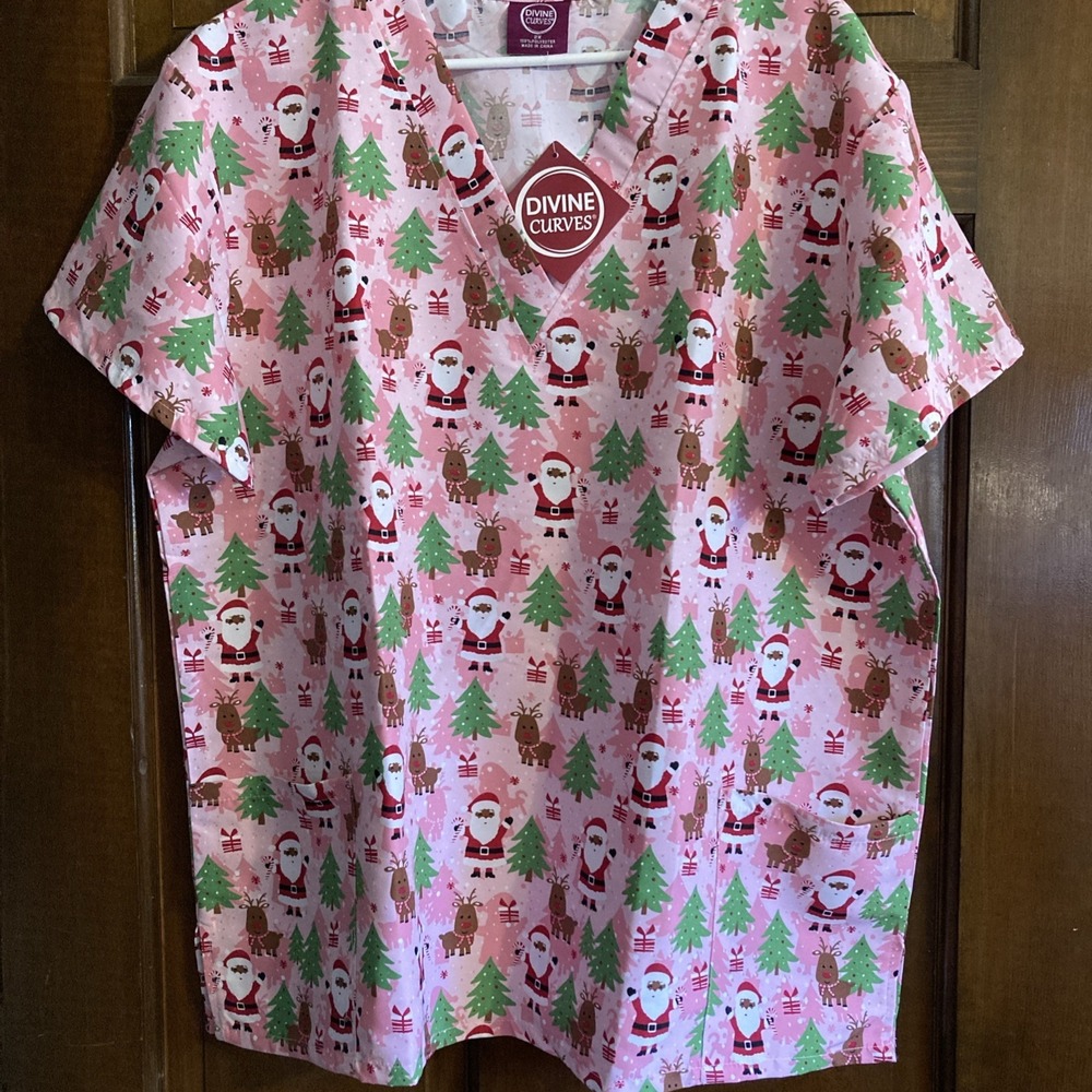 Black Santa And Reindeer Scrubs Top Two Pockets 2X